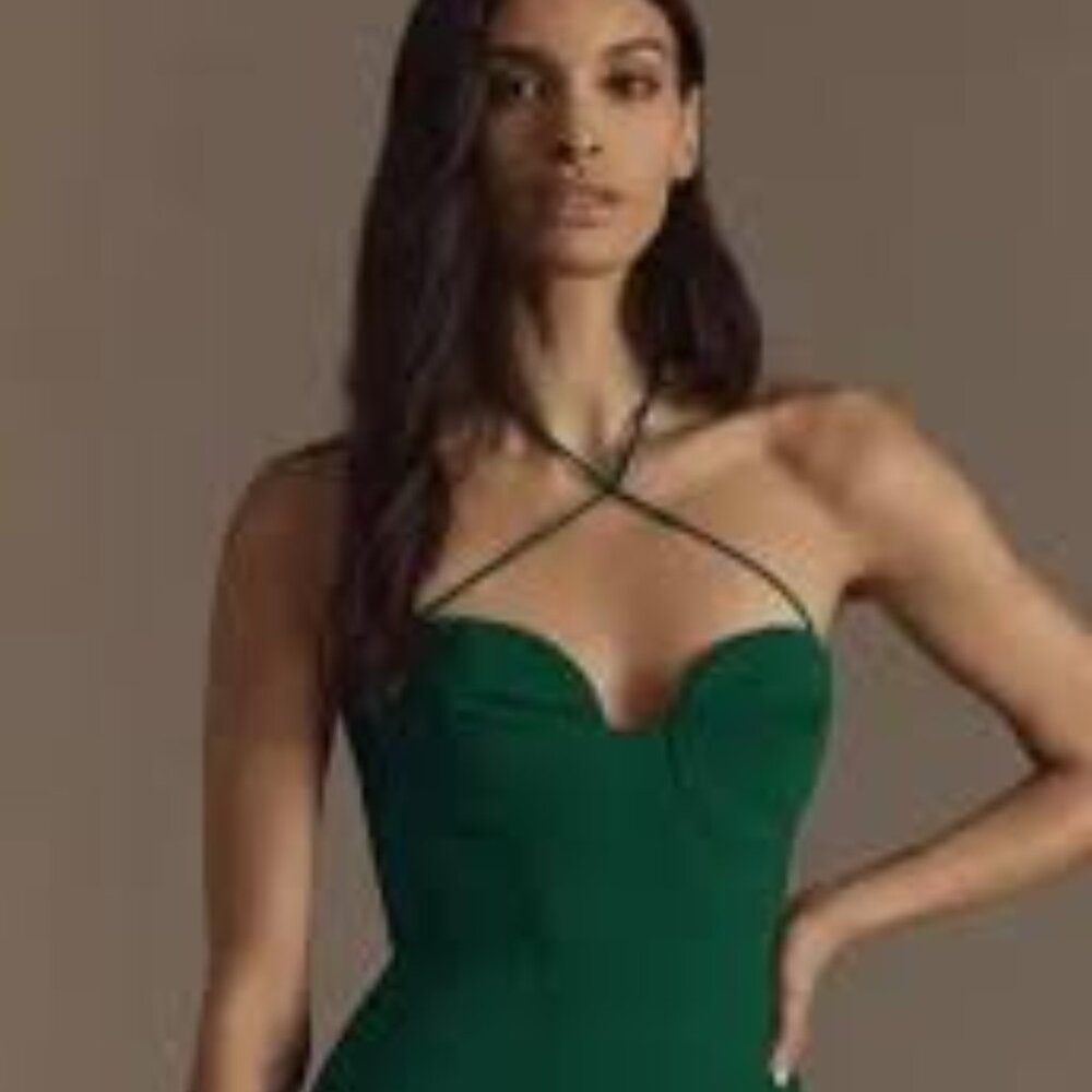 Liv Foster Anthropologie hunter green crepe halter dress gown size 10